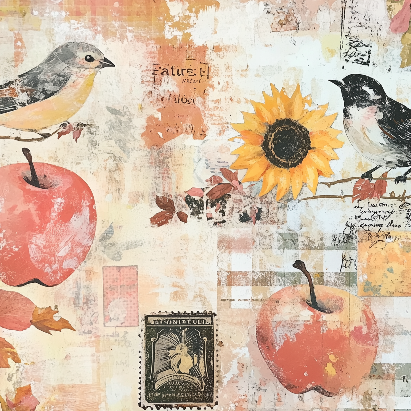 Retro Apple Harvest Junk Journal Kit – Fall Collage Sheets with Gingham, Sunflowers & Printable Ephemera