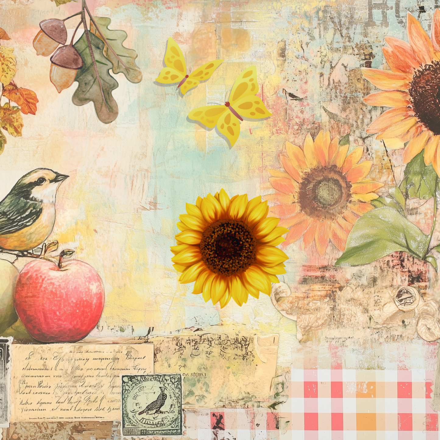 Retro Apple Harvest Junk Journal Kit – Fall Collage Sheets with Gingham, Sunflowers & Printable Ephemera