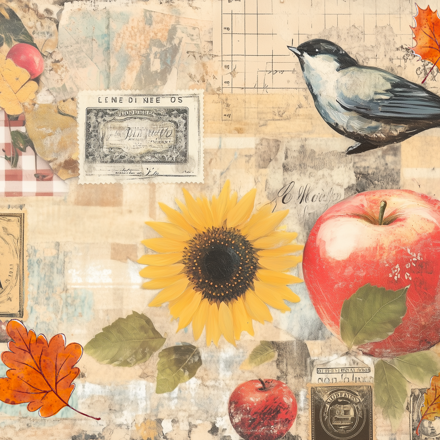 Retro Apple Harvest Junk Journal Kit – Fall Collage Sheets with Gingham, Sunflowers & Printable Ephemera