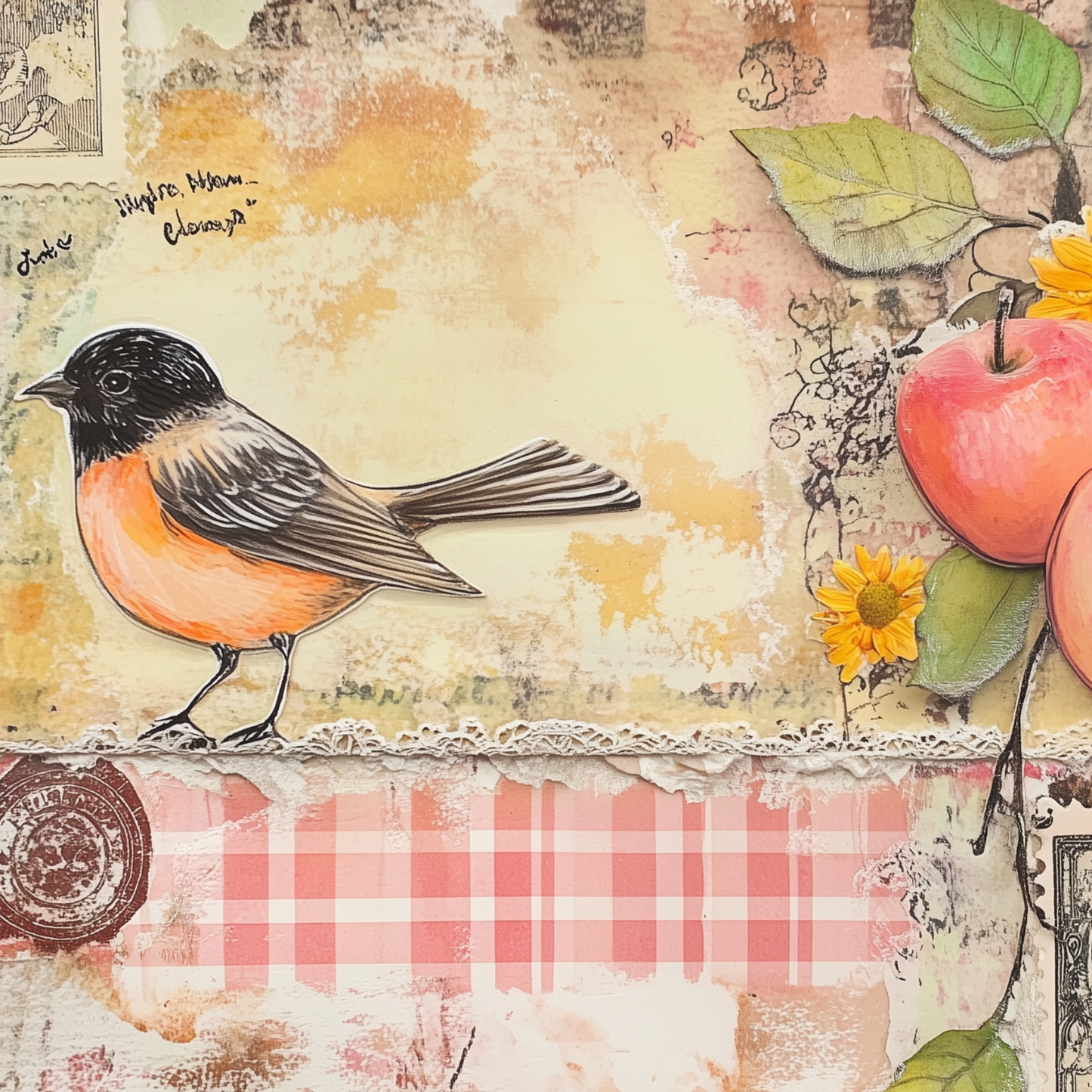 Retro Apple Harvest Junk Journal Kit – Fall Collage Sheets with Gingham, Sunflowers & Printable Ephemera