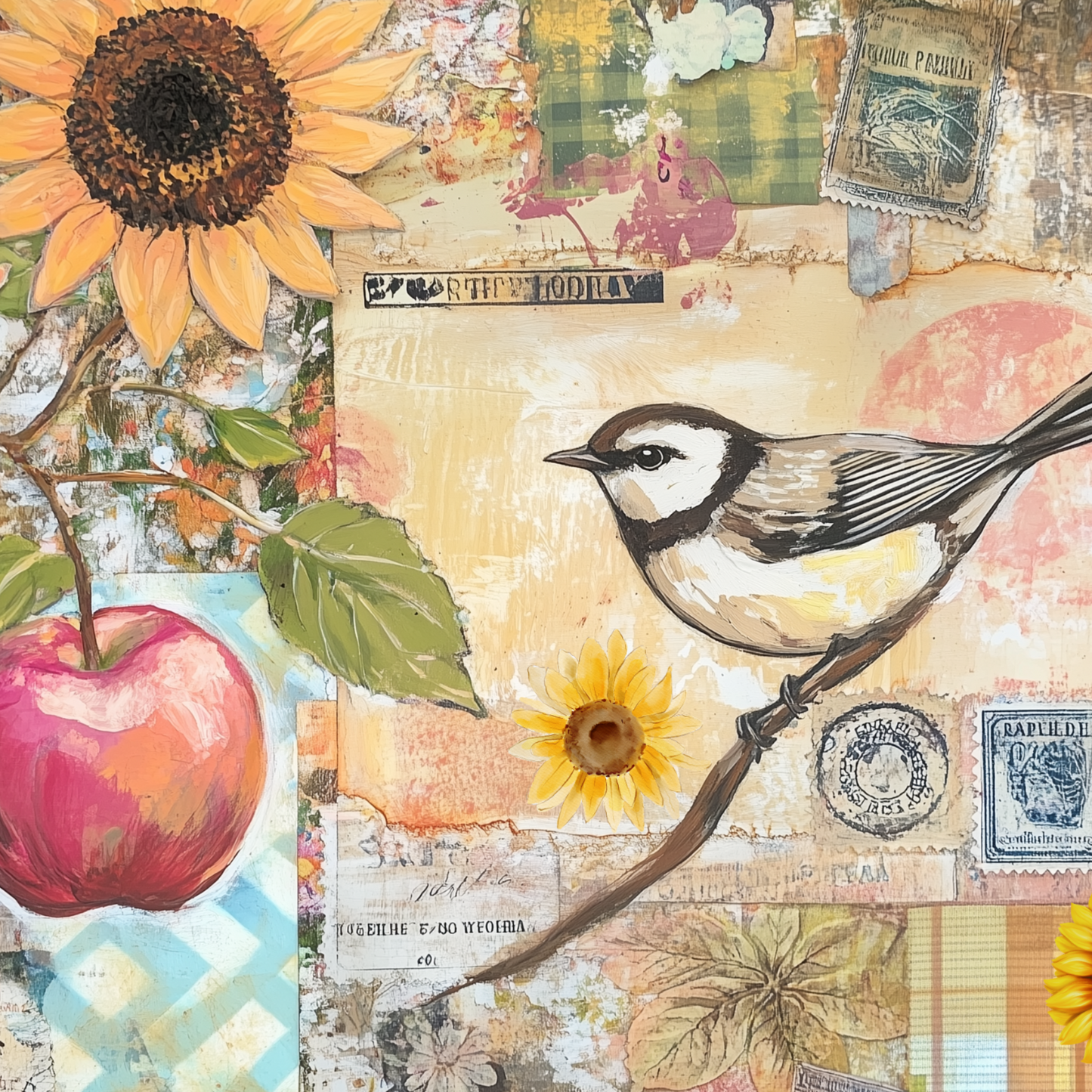 Retro Apple Harvest Junk Journal Kit – Fall Collage Sheets with Gingham, Sunflowers & Printable Ephemera