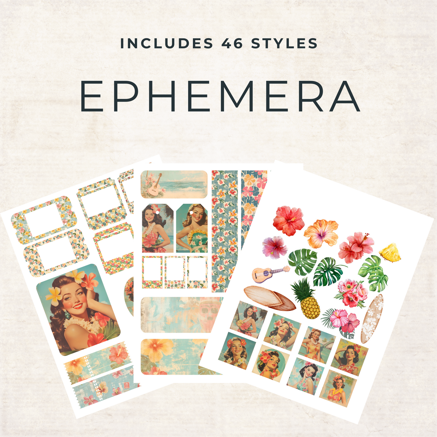 Retro Hawaii Junk Journal Kit – Vintage Tropical Scrapbook Ephemera & Printable Pin-Up Pages