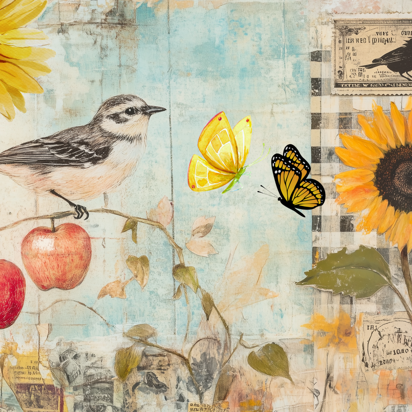 Retro Apple Harvest Junk Journal Kit – Fall Collage Sheets with Gingham, Sunflowers & Printable Ephemera