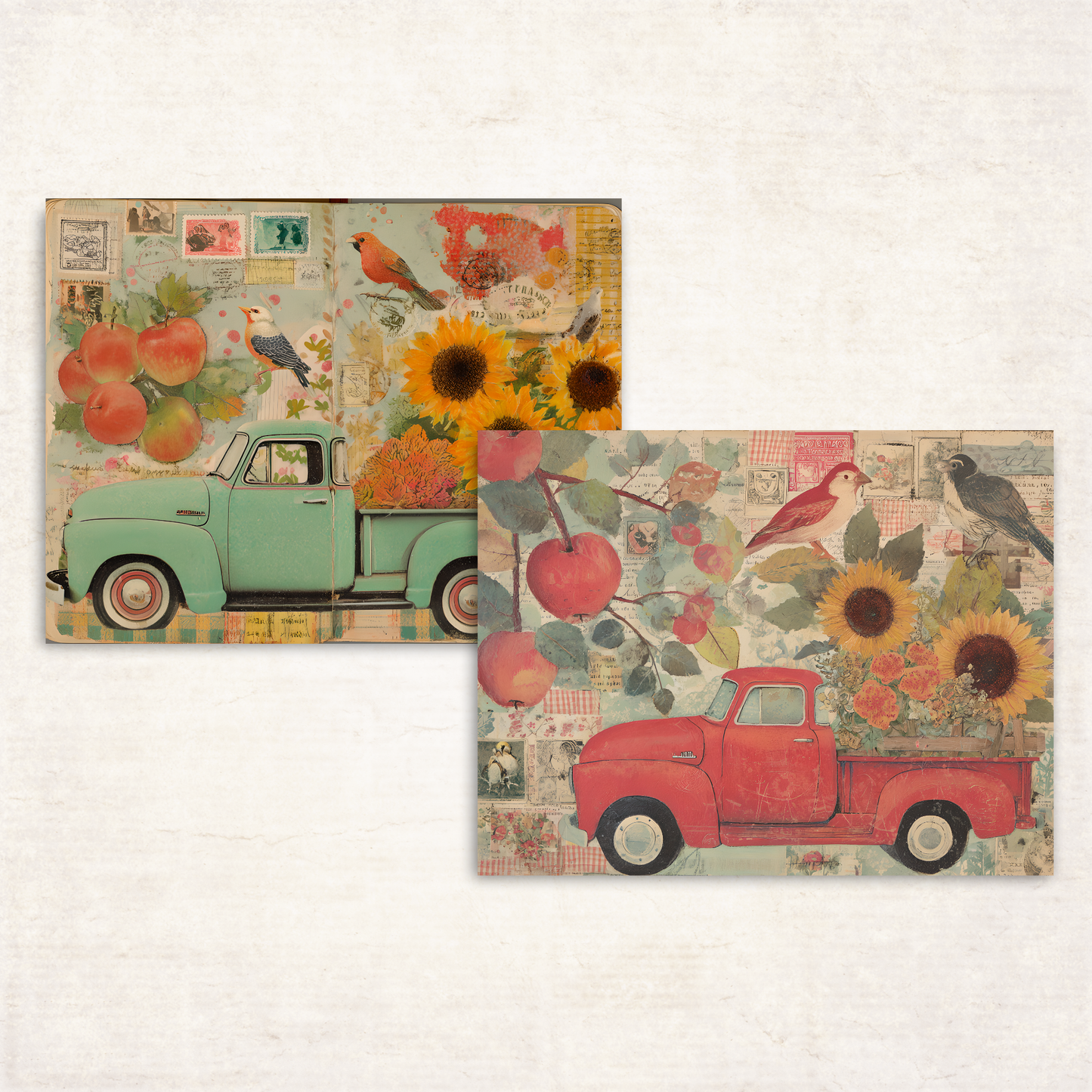 Fall Harvest Collage Sheets – Printable Retro Pickup Trucks, Apples, Sunflowers & Birds for Junk Journals