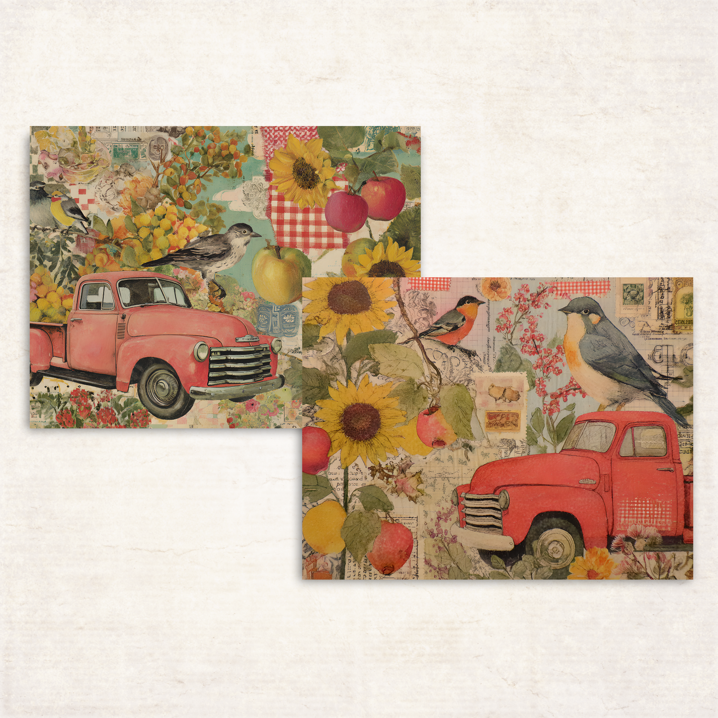 Fall Harvest Collage Sheets – Printable Retro Pickup Trucks, Apples, Sunflowers & Birds for Junk Journals