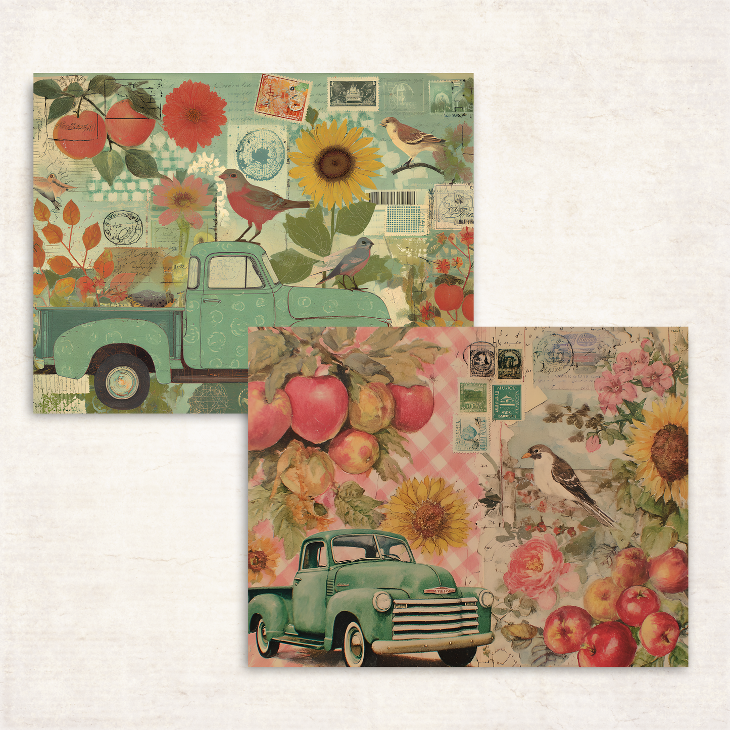 Fall Harvest Collage Sheets – Printable Retro Pickup Trucks, Apples, Sunflowers & Birds for Junk Journals