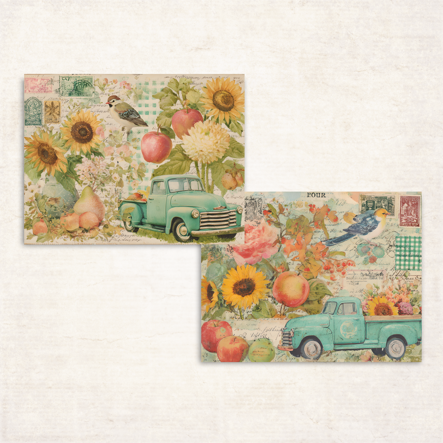 Fall Harvest Collage Sheets – Printable Retro Pickup Trucks, Apples, Sunflowers & Birds for Junk Journals