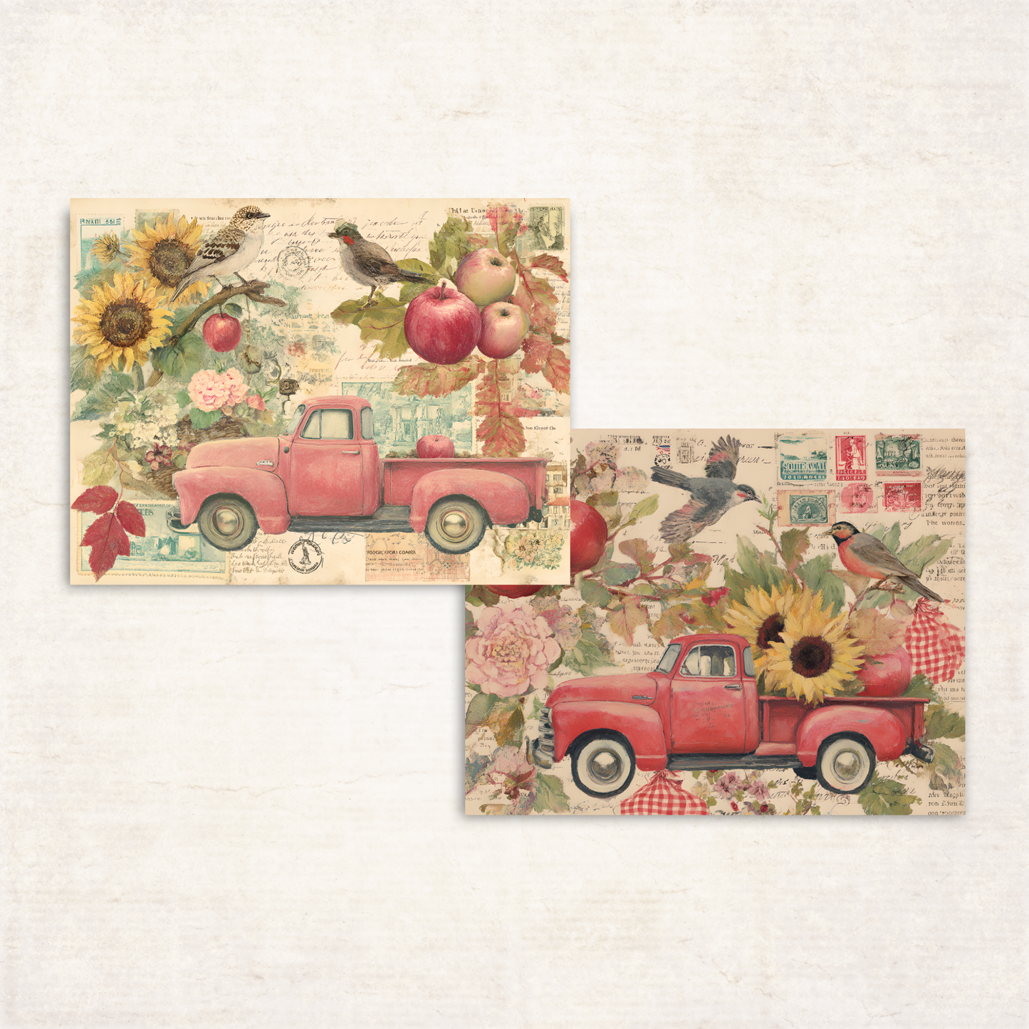 Fall Harvest Collage Sheets – Printable Retro Pickup Trucks, Apples, Sunflowers & Birds for Junk Journals
