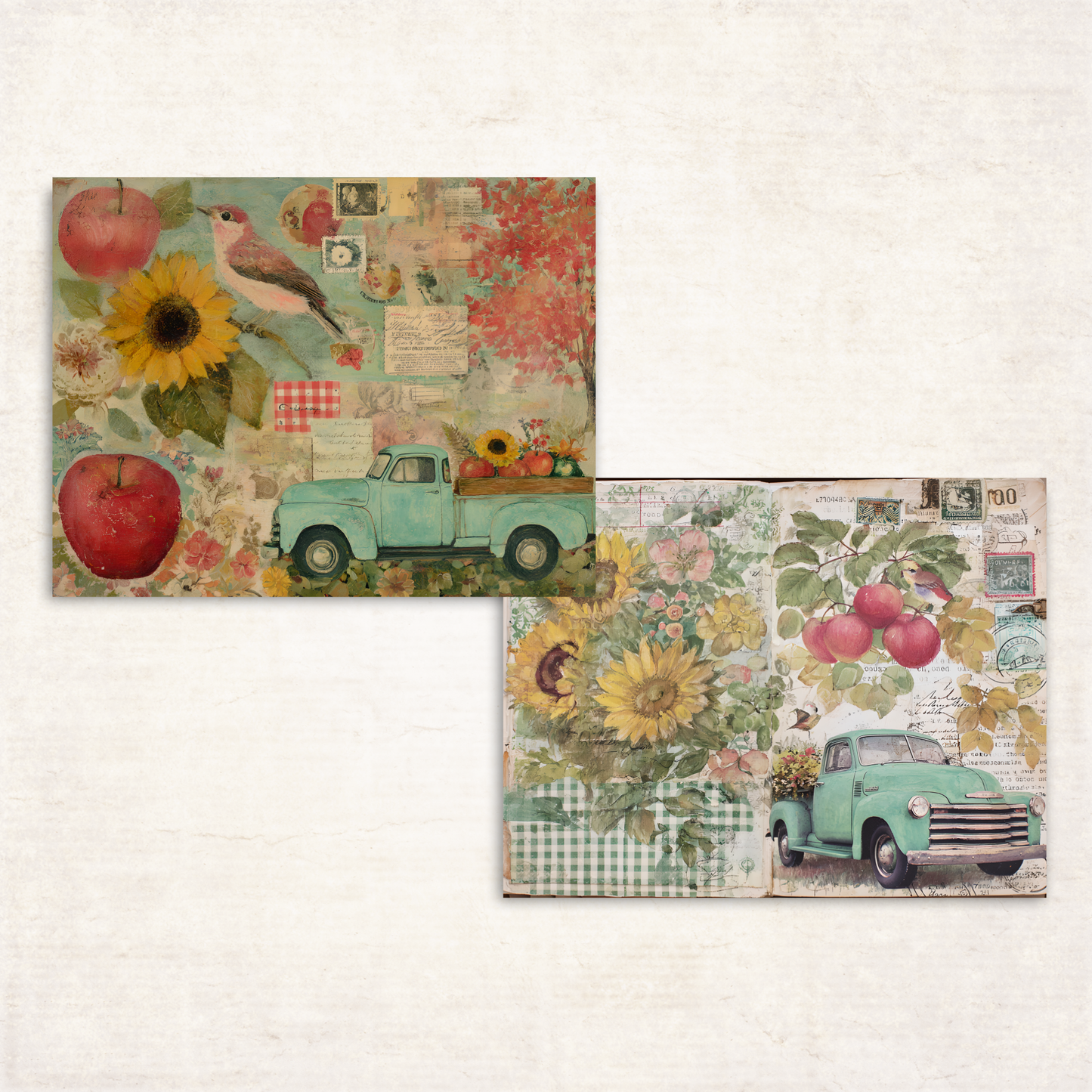 Fall Harvest Collage Sheets – Printable Retro Pickup Trucks, Apples, Sunflowers & Birds for Junk Journals