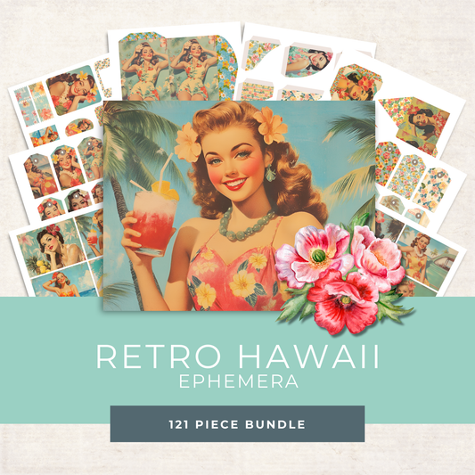 Retro Hawaii Junk Journal Kit – Vintage Tropical Scrapbook Ephemera & Printable Pin-Up Pages