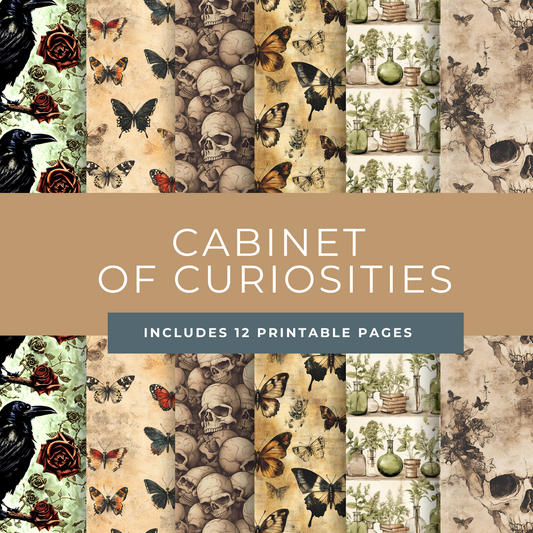 Cabinet of Curiosities Scrapbook Papers – Printable Skulls, Crows & Victorian Apothecary Patterns
