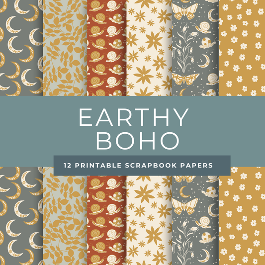 Earthy Boho Scrapbook Papers – Printable Snail, Moth & Moon Backgrounds for Junk Journals