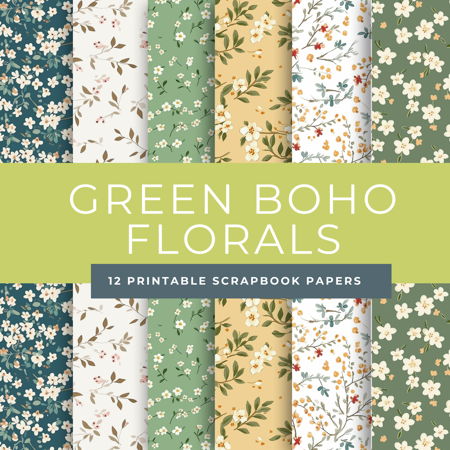 Green Boho Floral Scrapbook Papers – Printable Botanical Backgrounds for Junk Journals & Paper Crafts