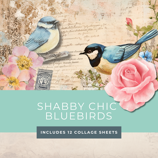 Bluebird Junk Journal Kit – Printable Vintage Collage Pages with Watercolor Birds & Shabby Chic Ephemera