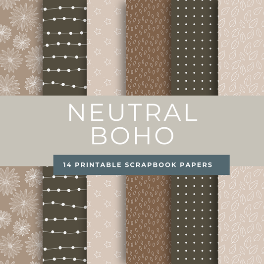 Neutral Boho Scrapbook Papers – Printable Earth-Toned Dots, Hearts, Leaves & Stripes