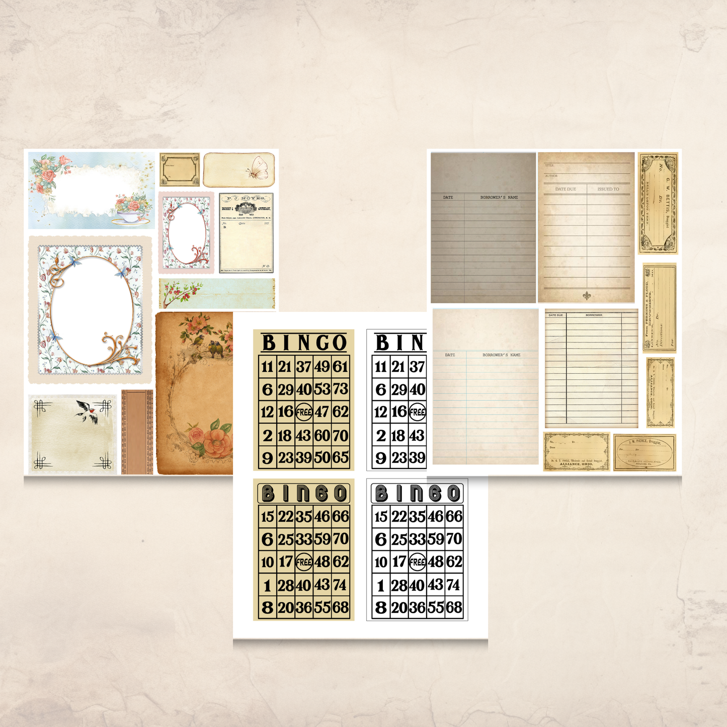 Vintage Labels & Cards Ephemera – Printable Library Cards, Bingo Cards & Blank Labels