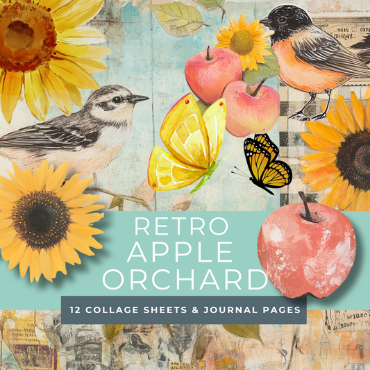 Retro Apple Harvest Junk Journal Kit – Fall Collage Sheets with Gingham, Sunflowers & Printable Ephemera