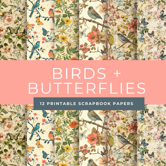 Shabby Chic Scrapbook Papers – Printable Vintage Backgrounds with Florals, Birds & Butterflies