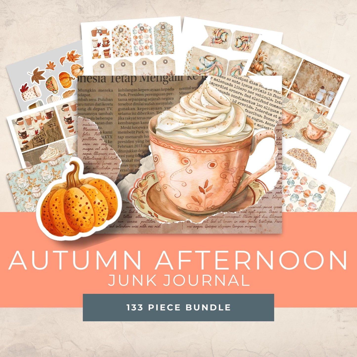 Cozy Fall Junk Journal Bundle – 14 Printable Autumn Kits with Pumpkins, Apples, Sunflowers & Gingham