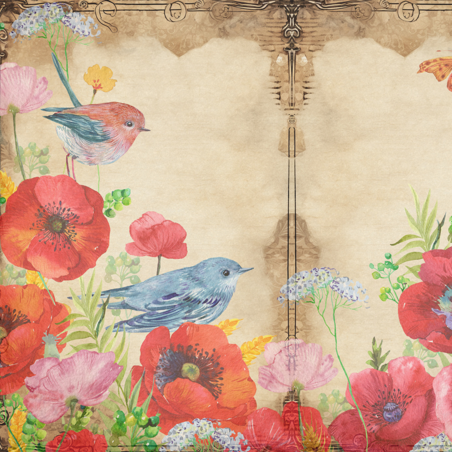 Whimsical Birds and Poppies FREE DOWNLOAD