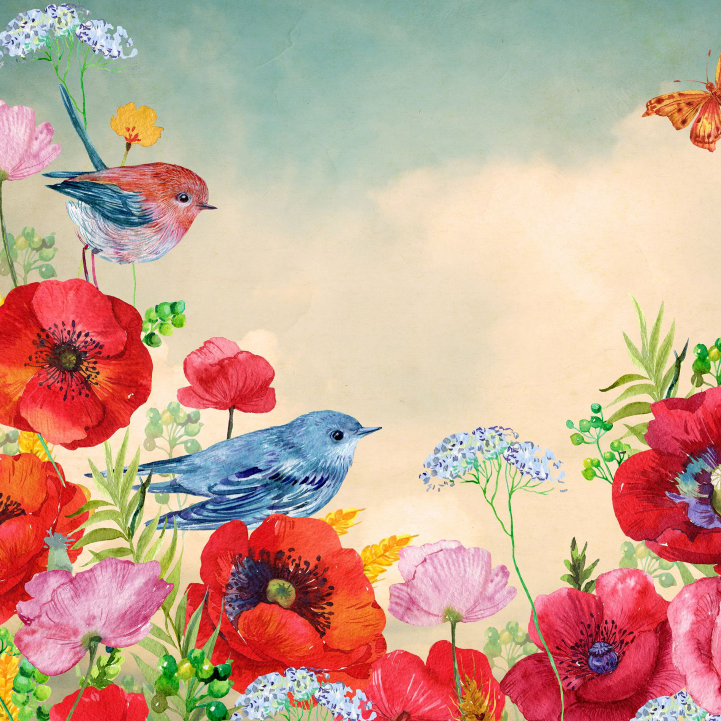 Whimsical Birds and Poppies FREE DOWNLOAD