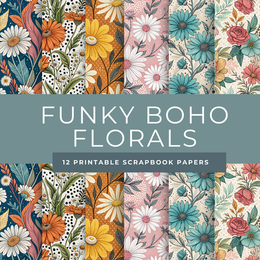 Funky Boho Floral Scrapbook Papers – Bright Printable Backgrounds with Polka Dots & Retro Flair