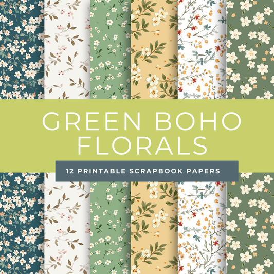 Green Boho Floral Scrapbook Papers – Printable Botanical Backgrounds for Junk Journals & Paper Crafts