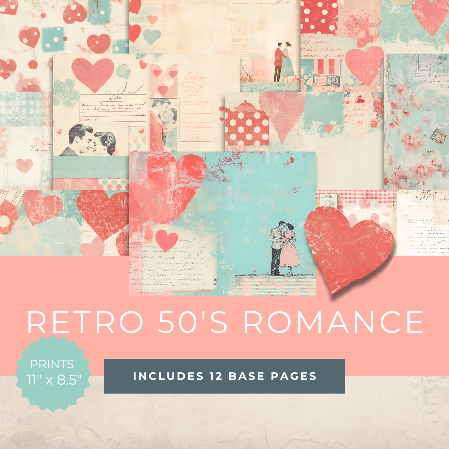 1950s Valentine Junk Journal Folio Kit – Printable Retro Romance Scrapbook, Ephemera & Mini Journal