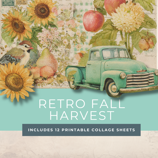 Fall Harvest Collage Sheets – Printable Retro Pickup Trucks, Apples, Sunflowers & Birds for Junk Journals