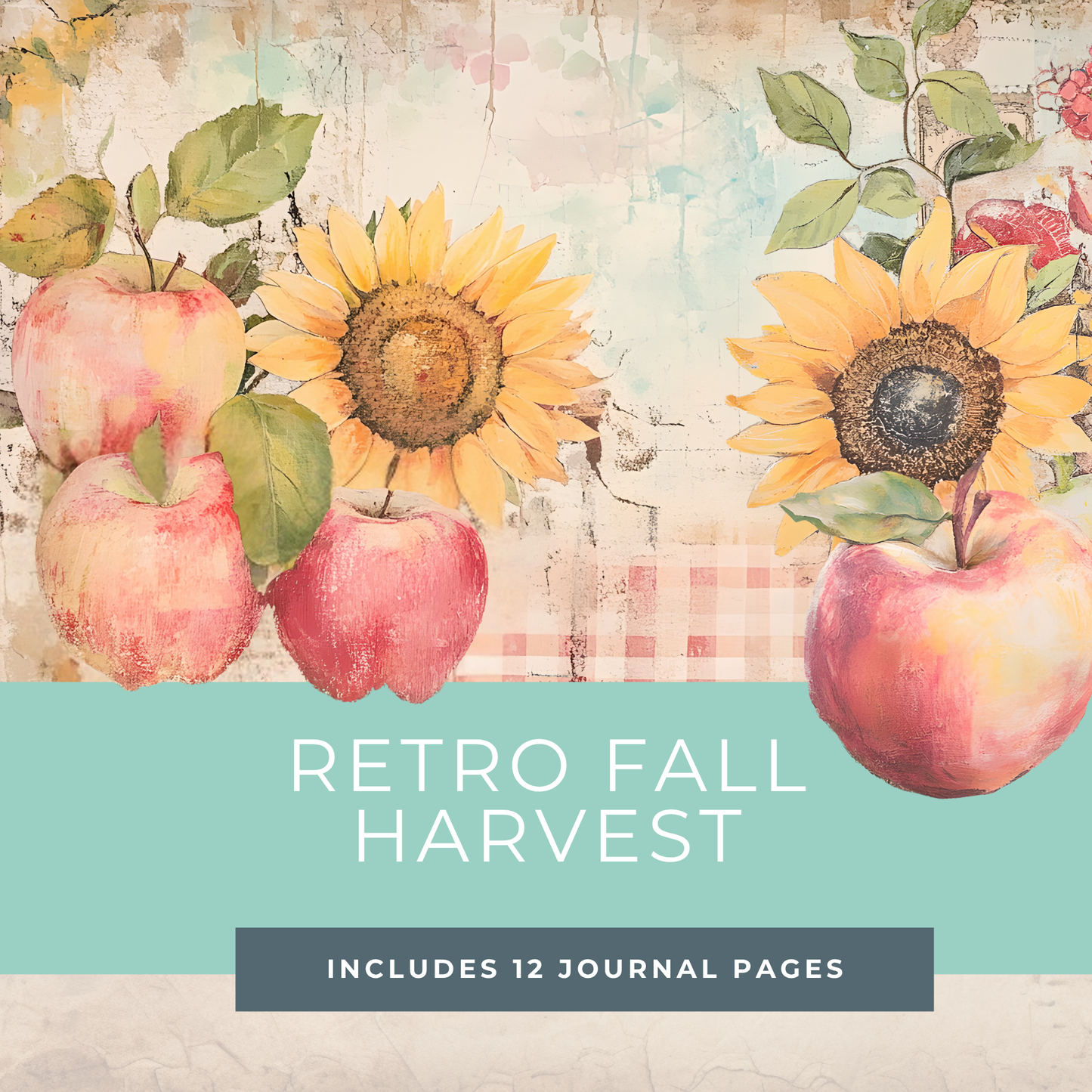 Fall Harvest Journal Pages – Printable Retro Farmhouse Papers with Apples, Sunflowers & Gingham