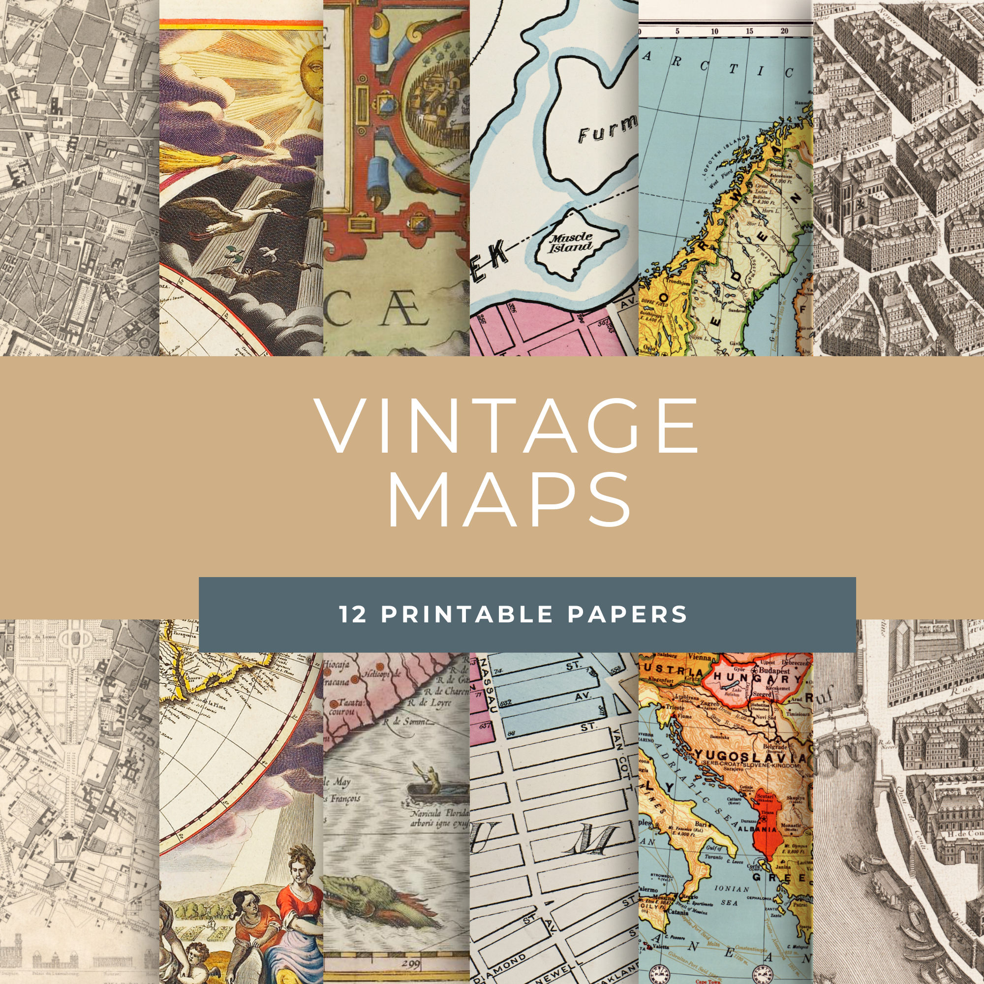 Random Printable Map Vintage Maps Ephemera – 12 Printable Antique Map Pages for Junk Journa ...