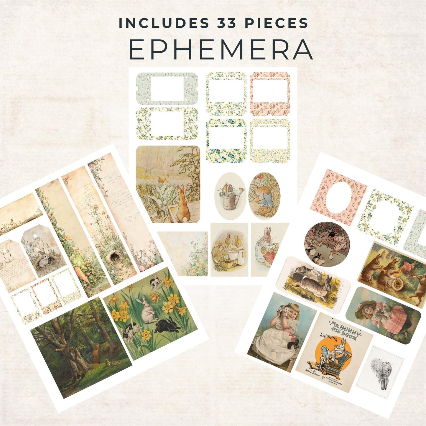 Whimsical Rabbits Junk Journal Kit - Printable Pages - Beatrix Potter Vintage Ephemera - Digital Download