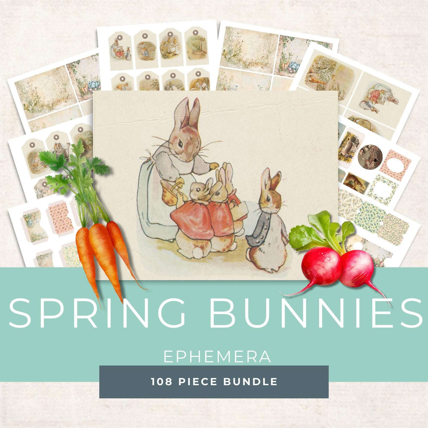 Whimsical Rabbits Junk Journal Kit - Printable Pages - Beatrix Potter Vintage Ephemera - Digital Download