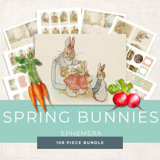 Whimsical Rabbits Junk Journal Kit - Printable Pages - Beatrix Potter Vintage Ephemera - Digital Download