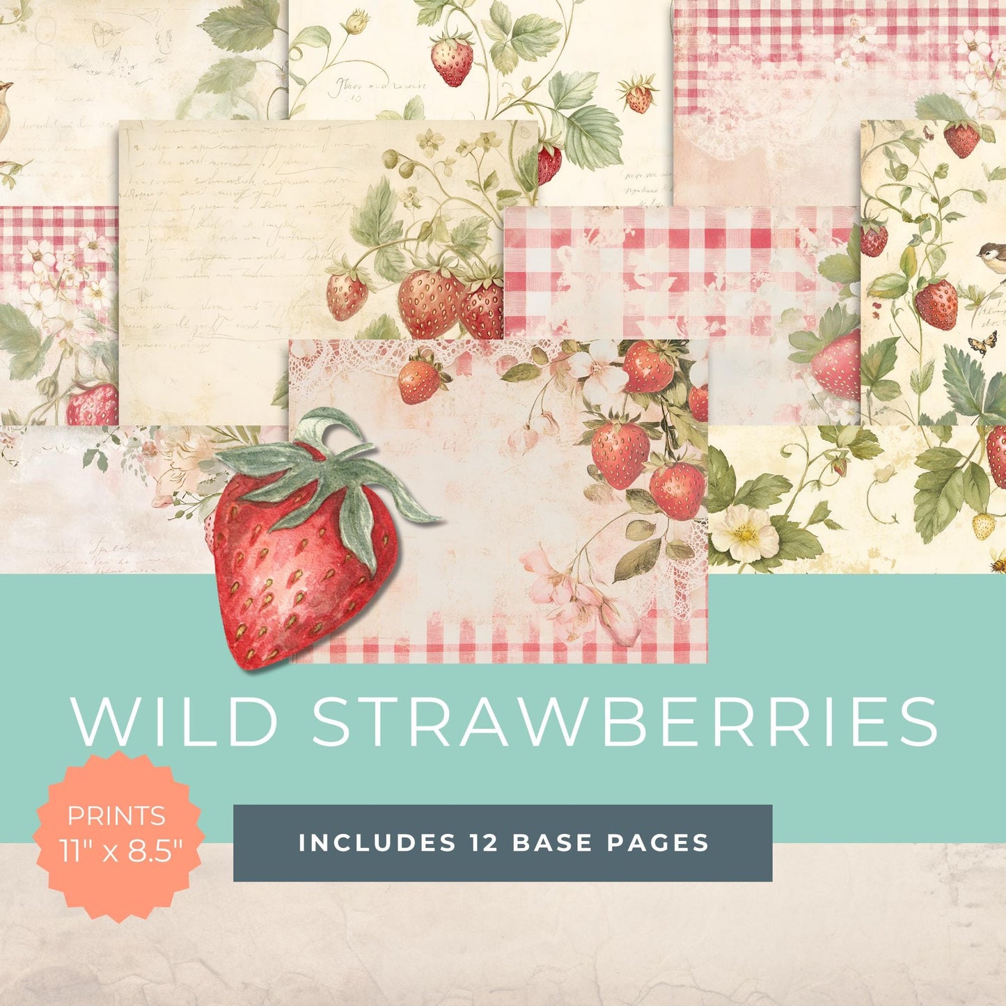Strawberry Folio Junk Journal Kit, Printable Pages, Summer Fruit Ephemera, Scrapbook Paper for Creative Crafts