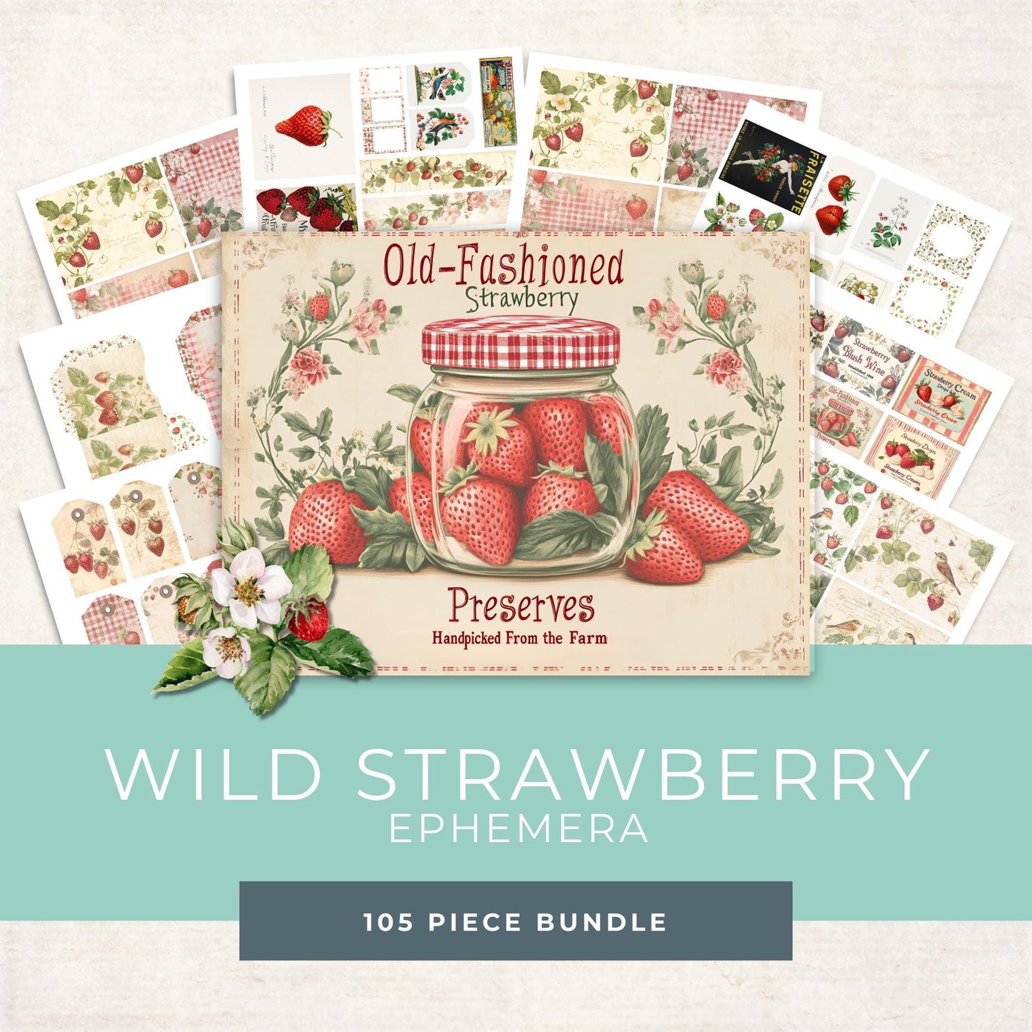Strawberry Folio Junk Journal Kit, Printable Pages, Summer Fruit Ephemera, Scrapbook Paper for Creative Crafts