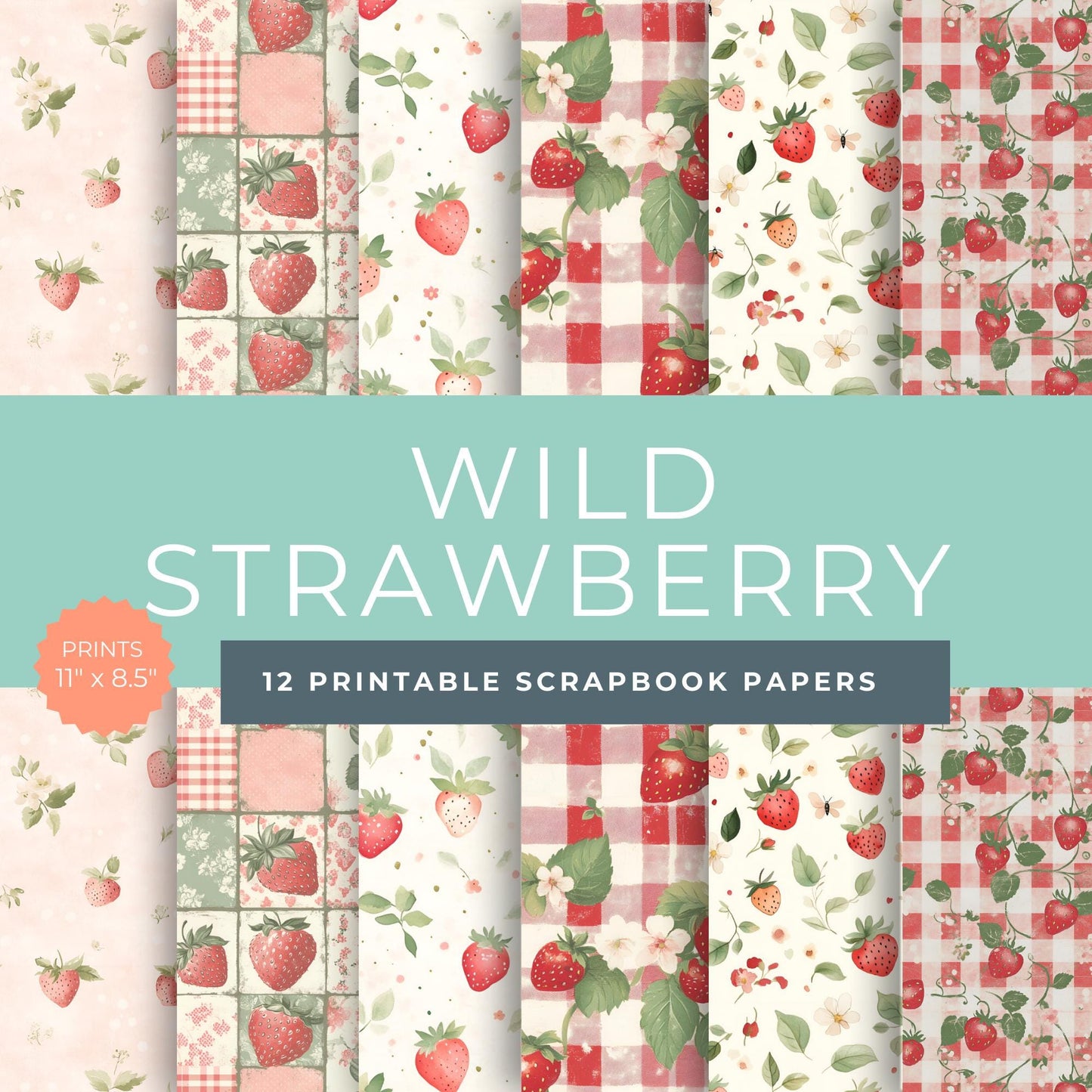 Strawberry Folio Junk Journal Kit, Printable Pages, Summer Fruit Ephemera, Scrapbook Paper for Creative Crafts